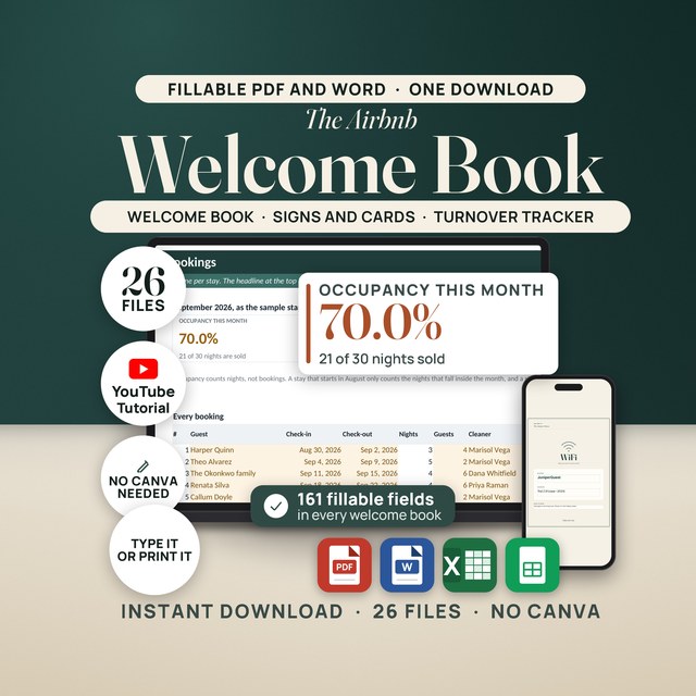 Airbnb Welcome Book + House Manual Kit — Fillable PDF + Word + Spreadsheet