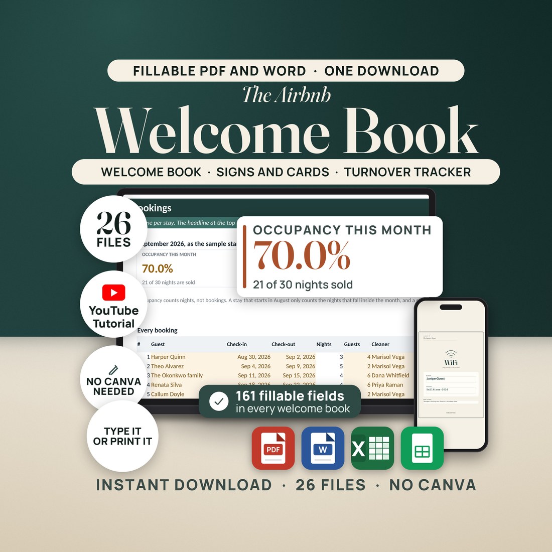 The Airbnb Welcome Book and House Manual Kit on a laptop and tablet, with seals reading 26 files and no Canva.