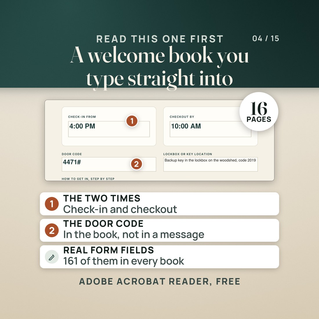 The fillable welcome book open in a PDF reader, with the amber fields and the check-in time dropdown.
