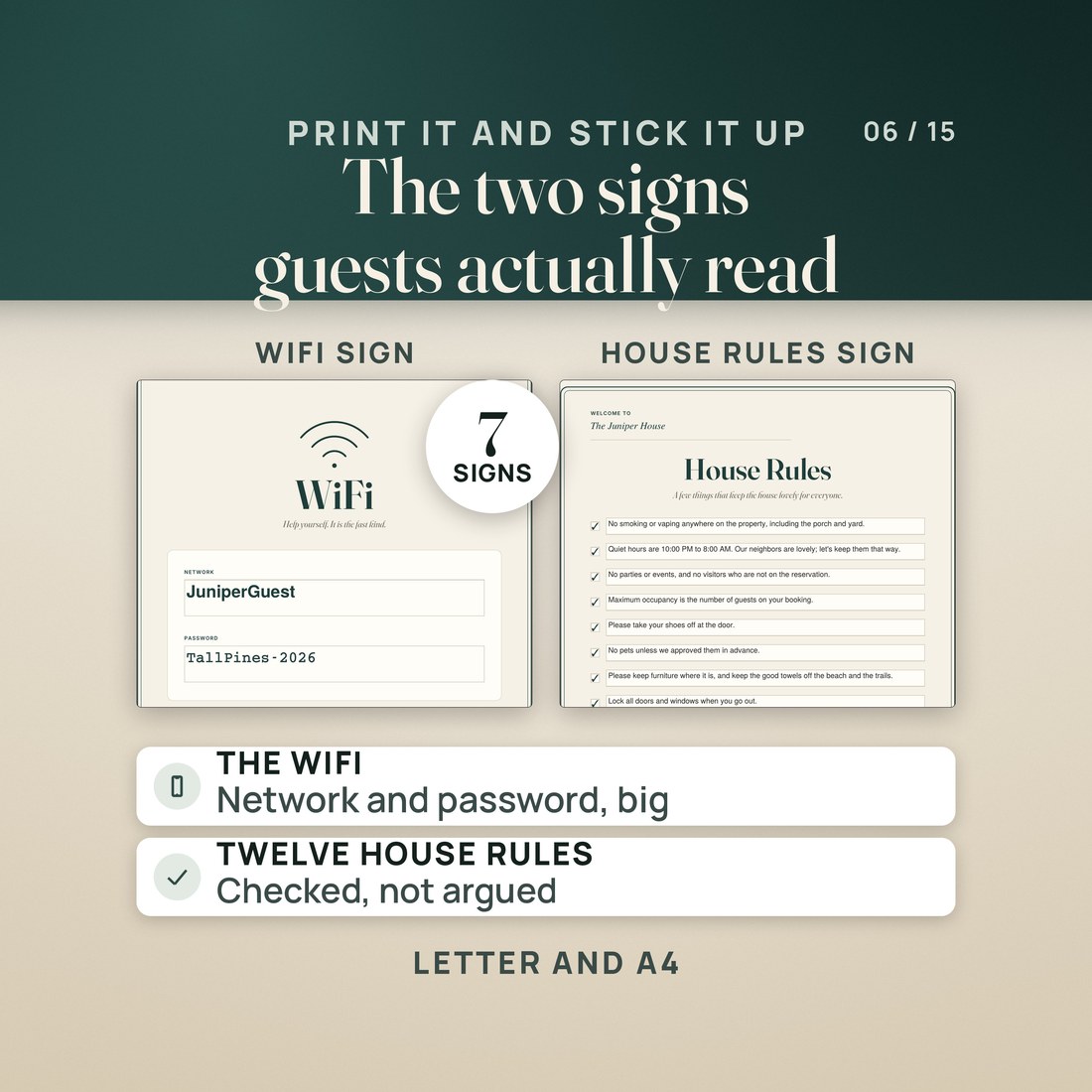 The printable signs on the wall: WiFi, house rules and the check-in and checkout sign.