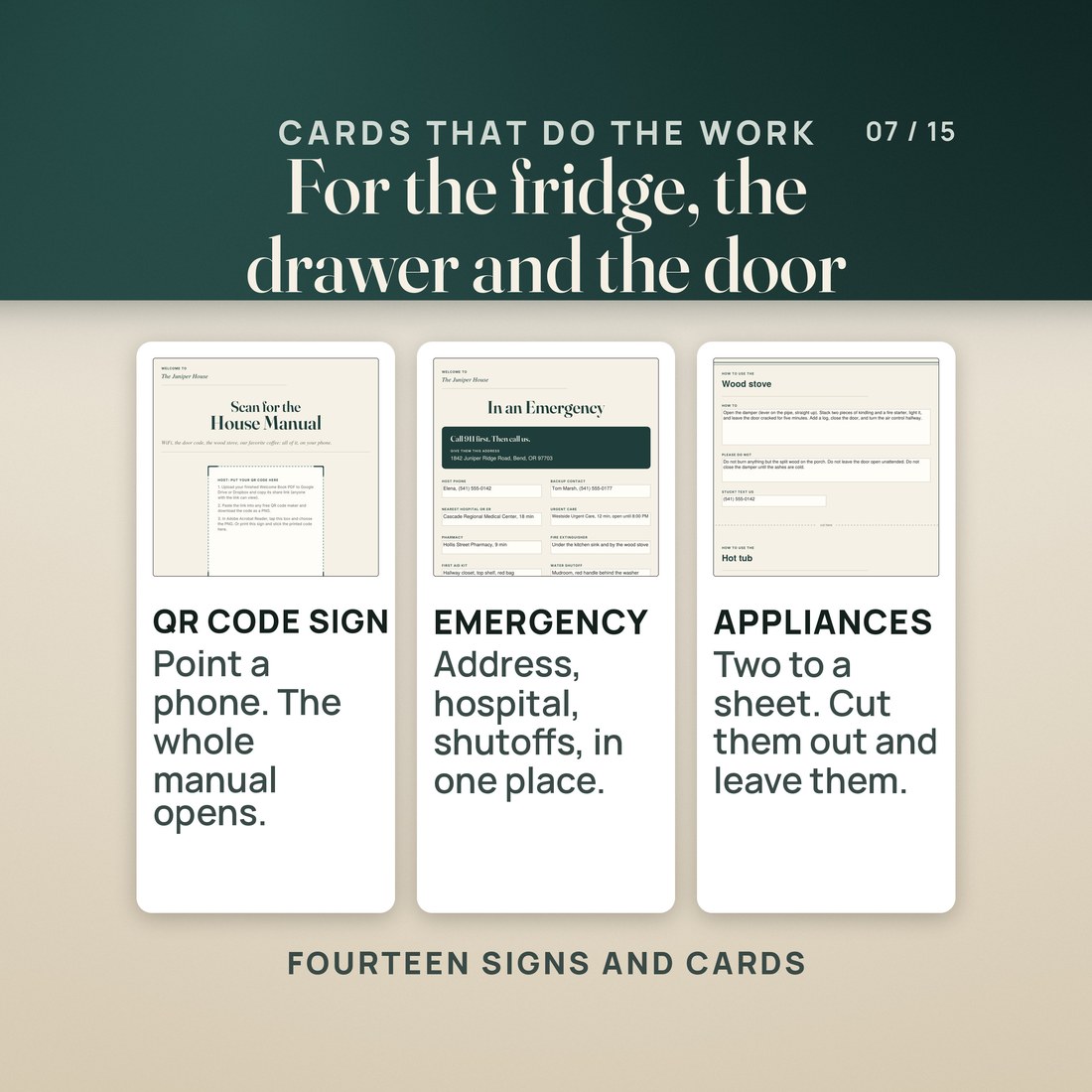 The cards for the fridge: the emergency card, the appliance guide and the checkout checklist.