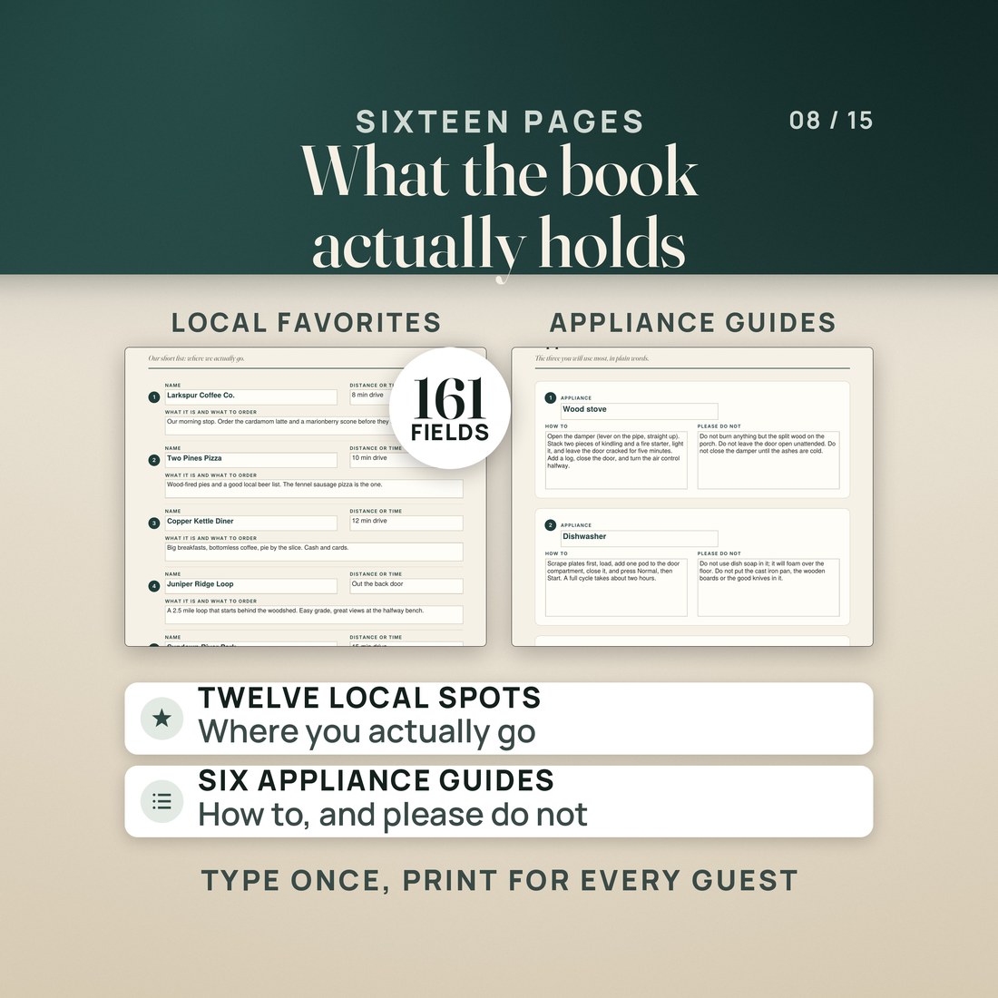 Inside the welcome book, showing the sixteen pages from the welcome letter to the review ask.