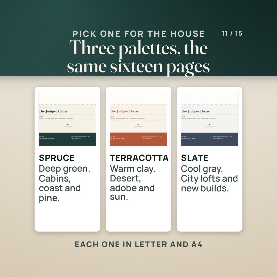 The welcome book in three palettes: Spruce, Terracotta and Slate.