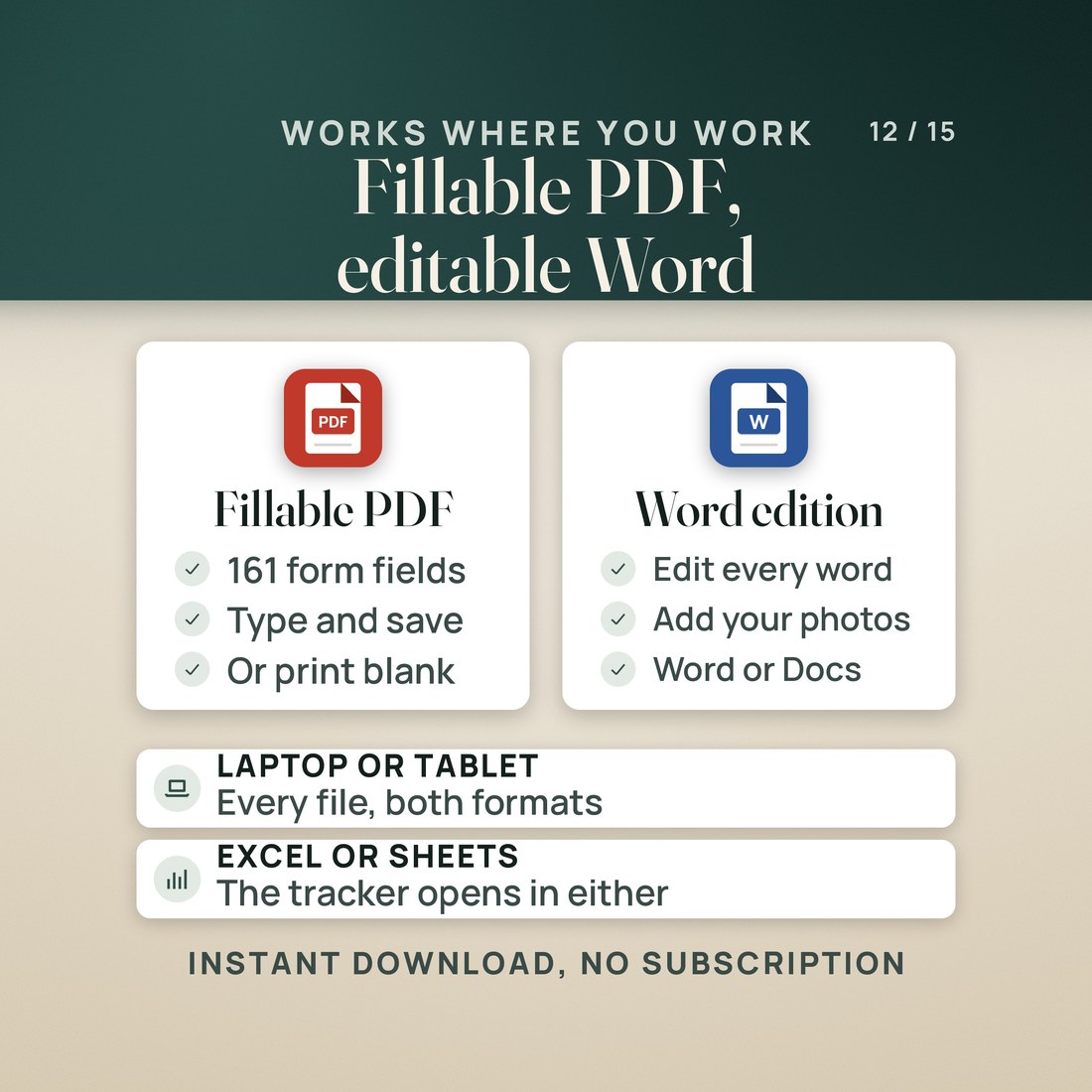 The book as a fillable PDF and again as an editable Word file, on a laptop and a phone.