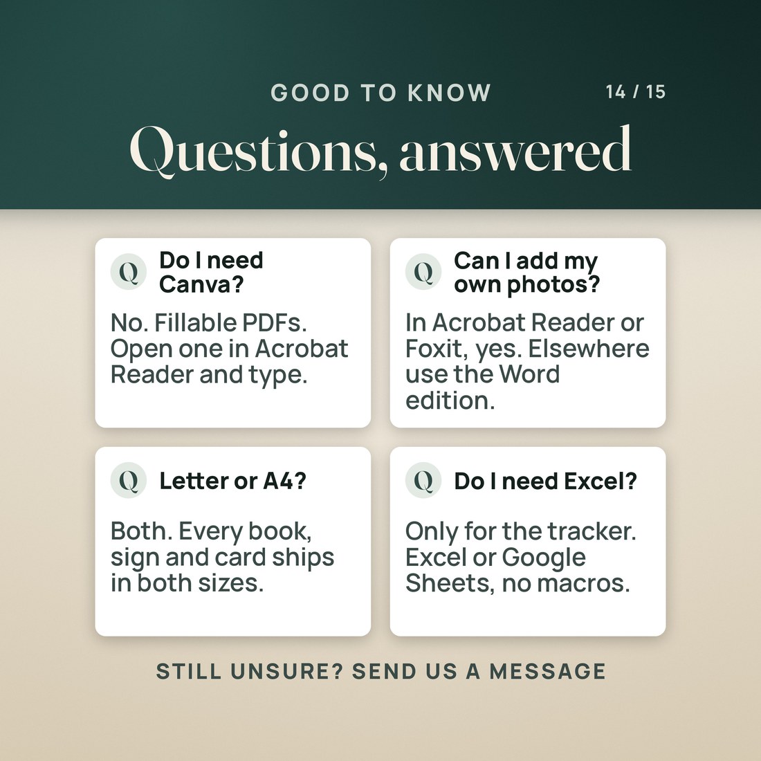 Questions answered about Canva, photos, the QR code and what the workbook computes.