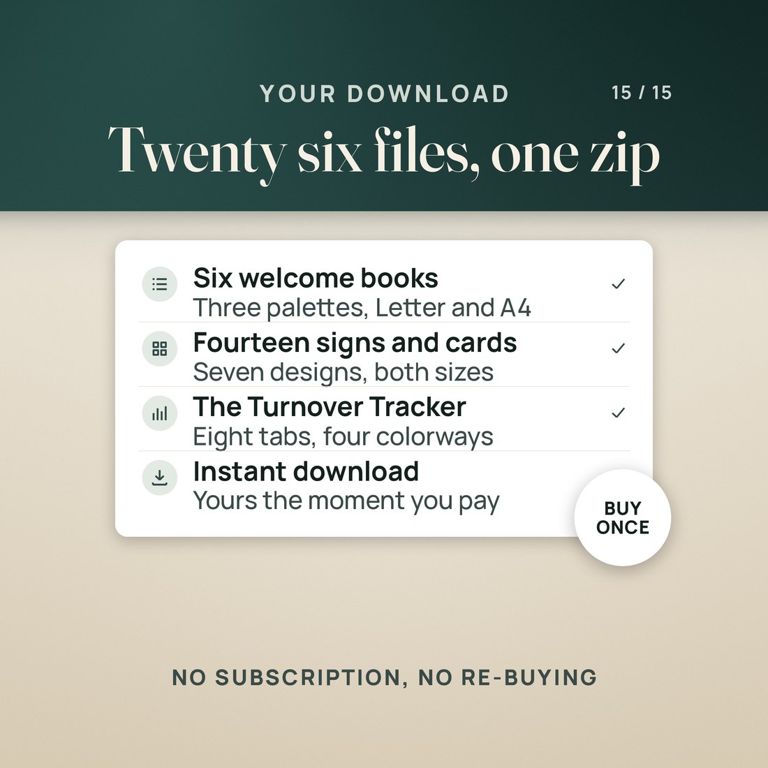 A receipt-style summary: 26 files, one zip, instant download.