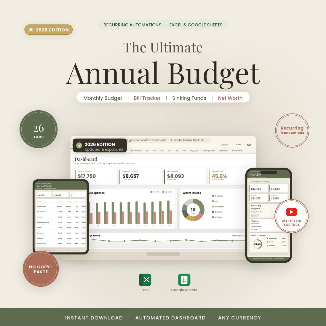 Ultimate Annual Budget — automated yearly budgeting dashboard for Excel and Google Sheets