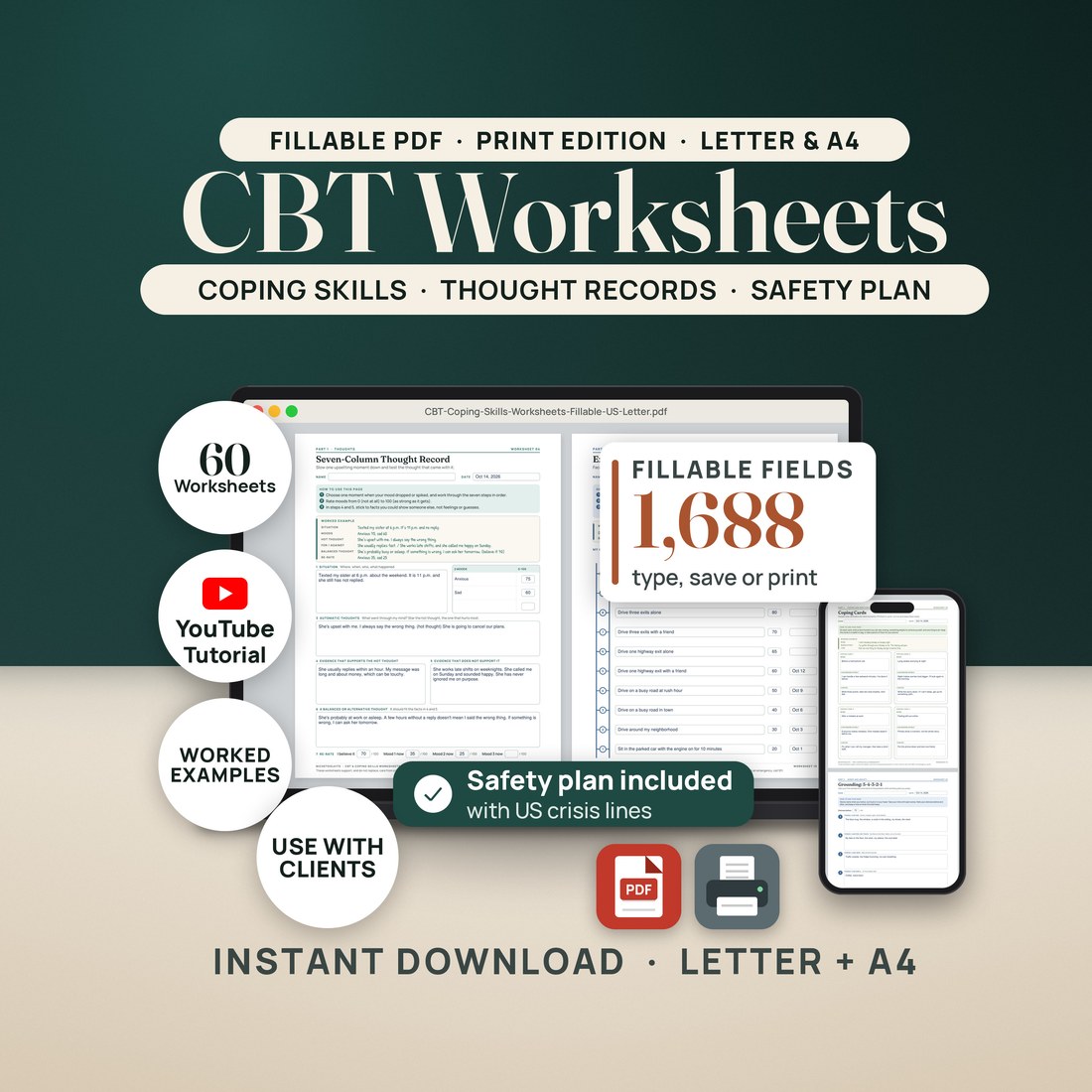 CBT Worksheets bundle on a laptop and phone: the Seven-Column Thought Record and the Exposure Ladder typed into. 60 worksheets, 1,688 fillable fields, worked examples, a safety plan with US crisis lines and a YouTube video tutorial.