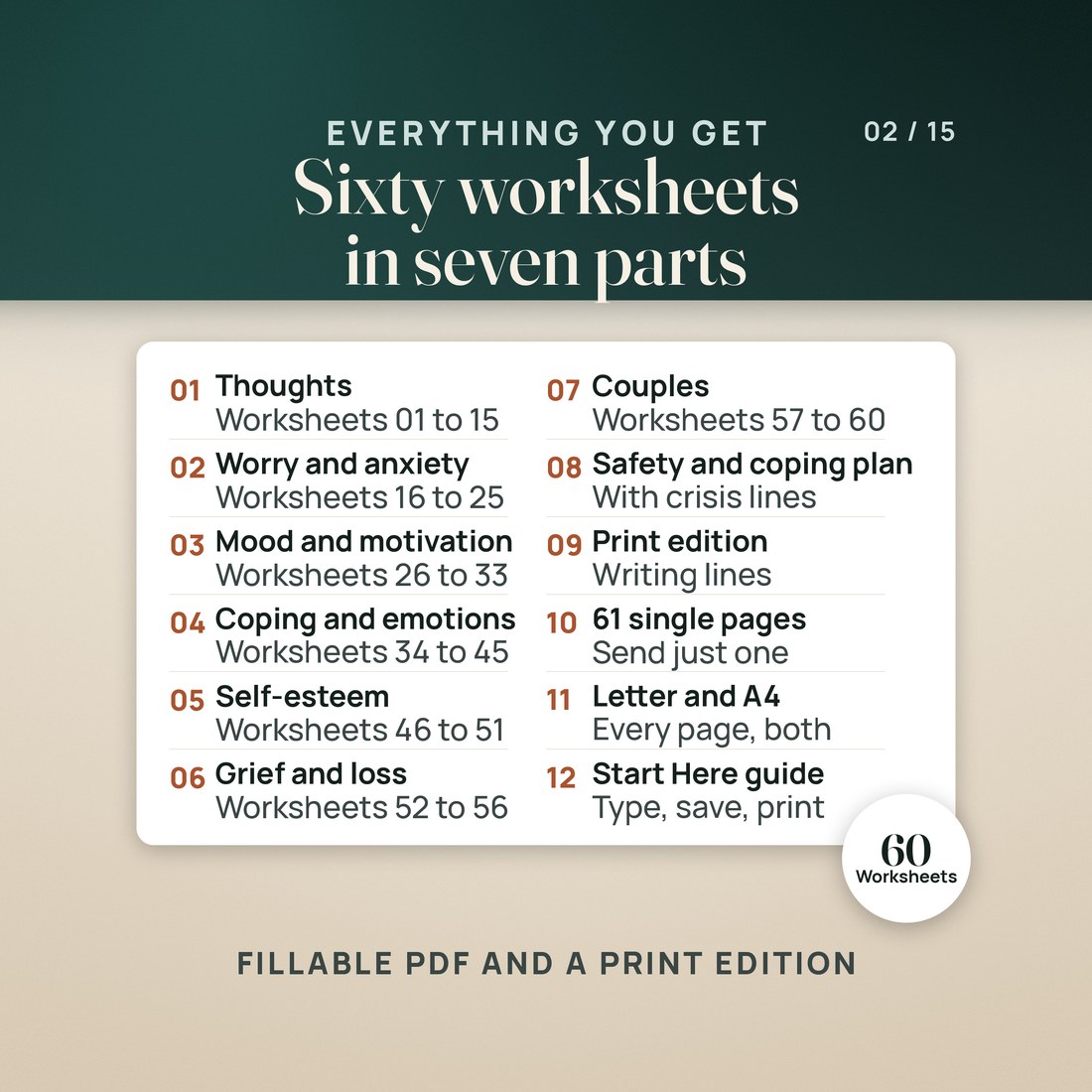 Sixty worksheets in seven parts: Thoughts, Worry and anxiety, Mood and motivation, Coping and emotions, Self-esteem, Grief and loss, and Couples, plus a safety and coping plan, a print edition, 61 single pages and a Start Here guide.
