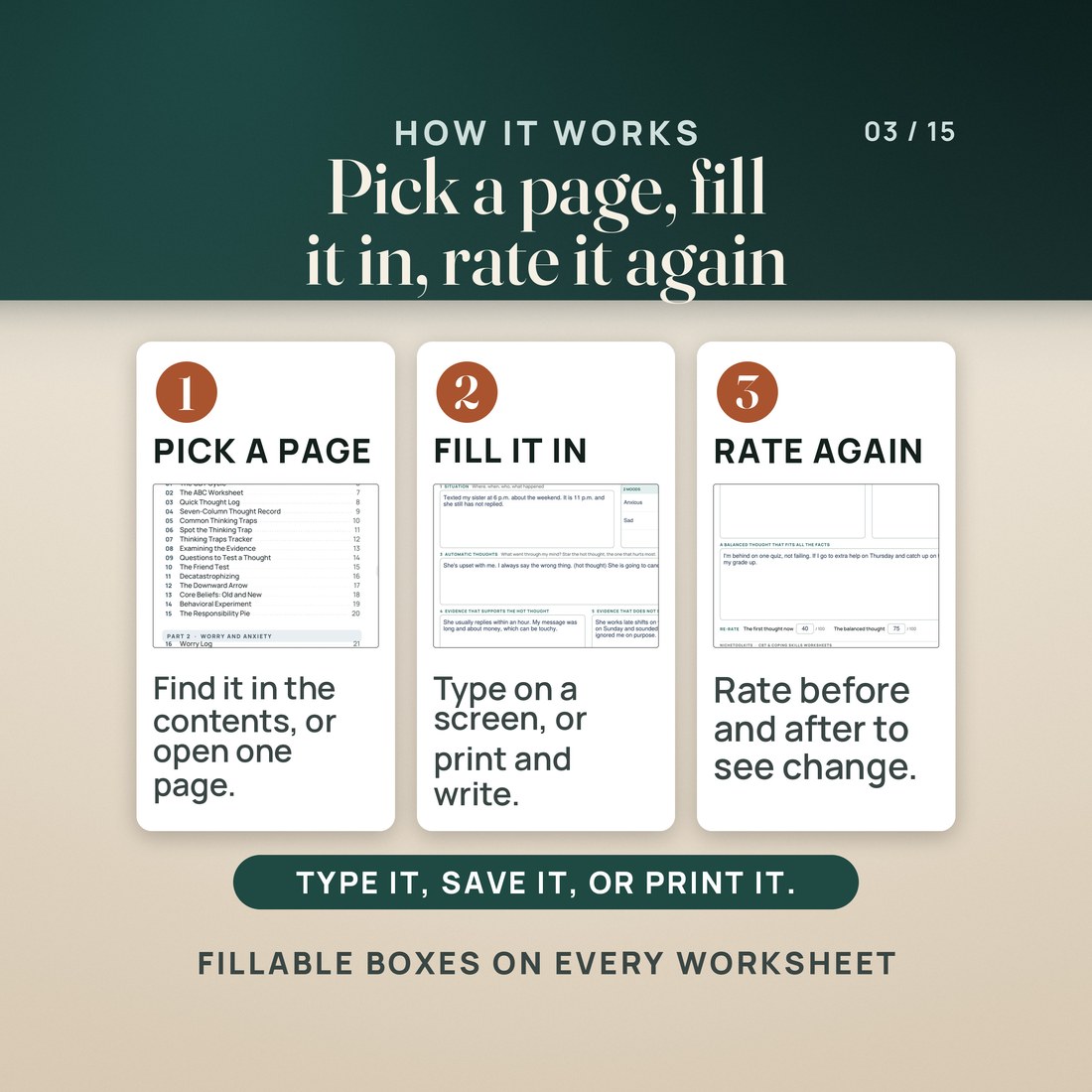 How it works in three steps: pick a page from the contents or open one single page, fill it in on a screen or print it and write, then rate again before and after to see change.