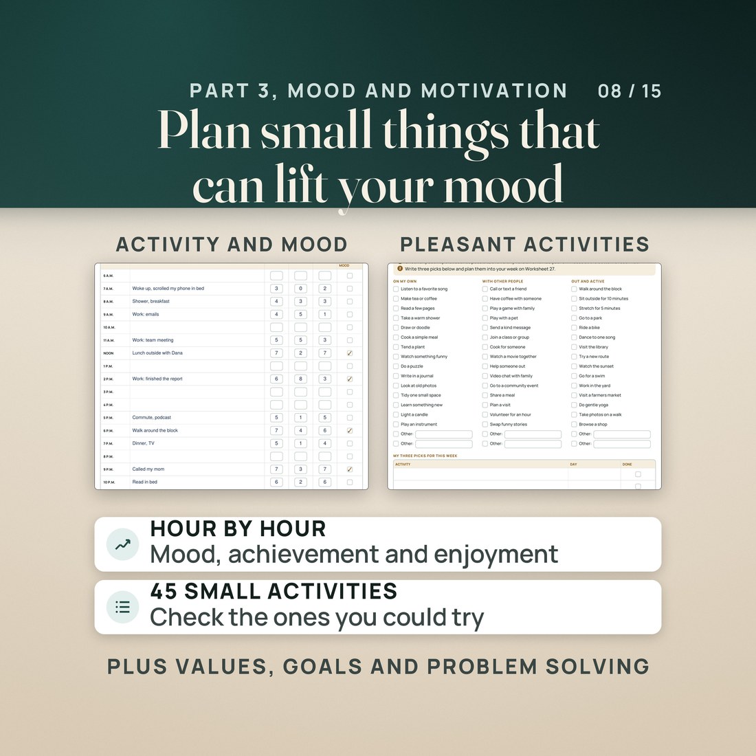 Part 3, mood and motivation: the Activity and Mood Log, hour by hour, with mood, achievement and enjoyment ratings, and the Pleasant Activities Menu of 45 small activities to check, plus values, goals and problem solving.