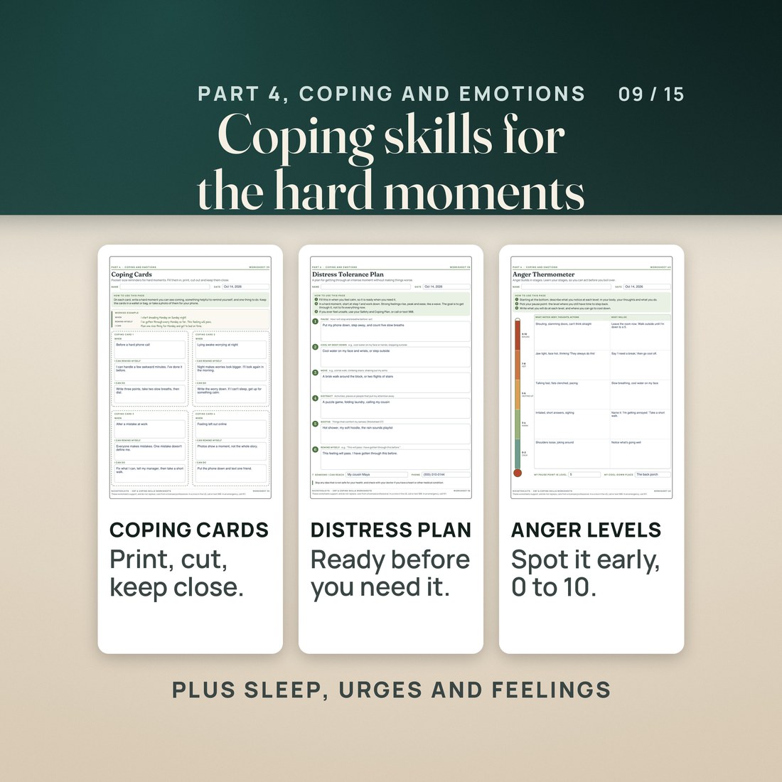 Part 4, coping and emotions: Coping Cards to print and cut, a Distress Tolerance Plan in seven steps and the Anger Thermometer from 0 to 10, plus sleep, urges and naming feelings.