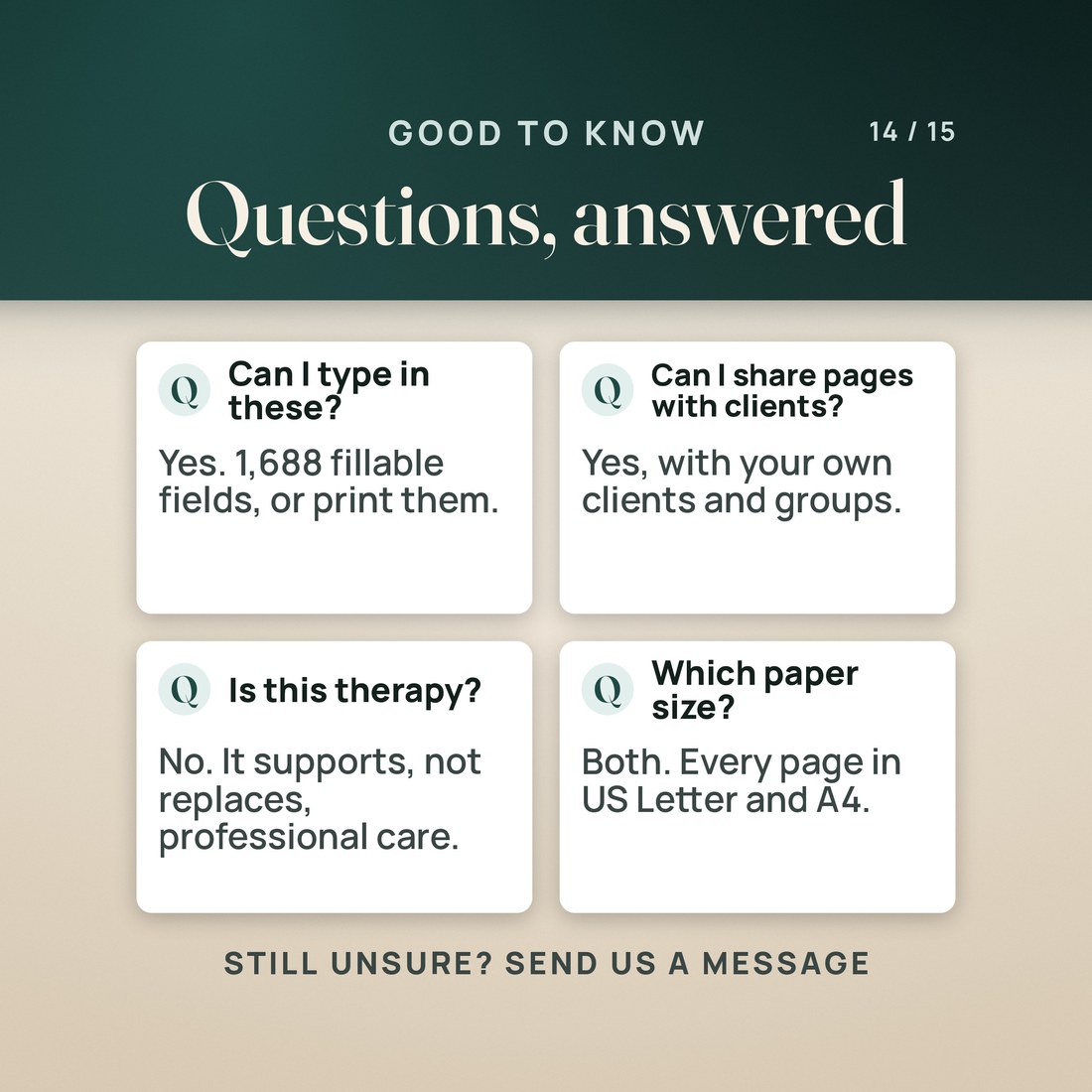 Questions answered: yes, you can type in these with 1,688 fillable fields or print them; yes, you can share pages with your own clients and groups; no, it is not therapy; and every page comes in US Letter and A4.
