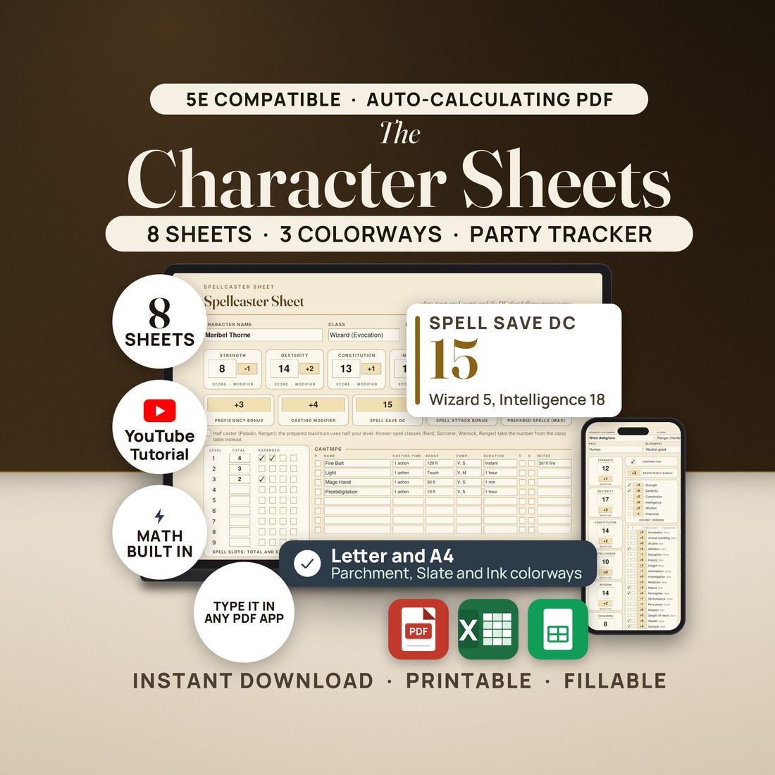 The Character Sheets, 5e compatible, auto-calculating PDF: a laptop shows the worked Spellcaster Sheet for Maribel Thorne, Wizard 5, with a callout reading spell save DC 15 (Intelligence 18). A phone shows the Core character sheet.