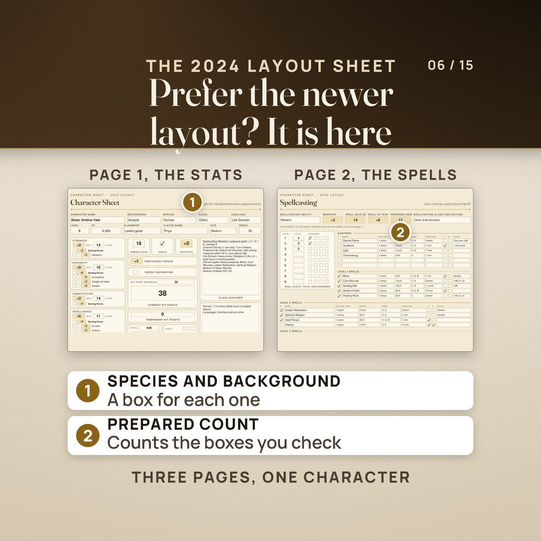 The 2024 layout character sheet, pages 1 and 2, filled in for a level 5 cleric: boxes for species and background on the stats page, and a spells page whose prepared count adds up the boxes you check. Three pages for one character.