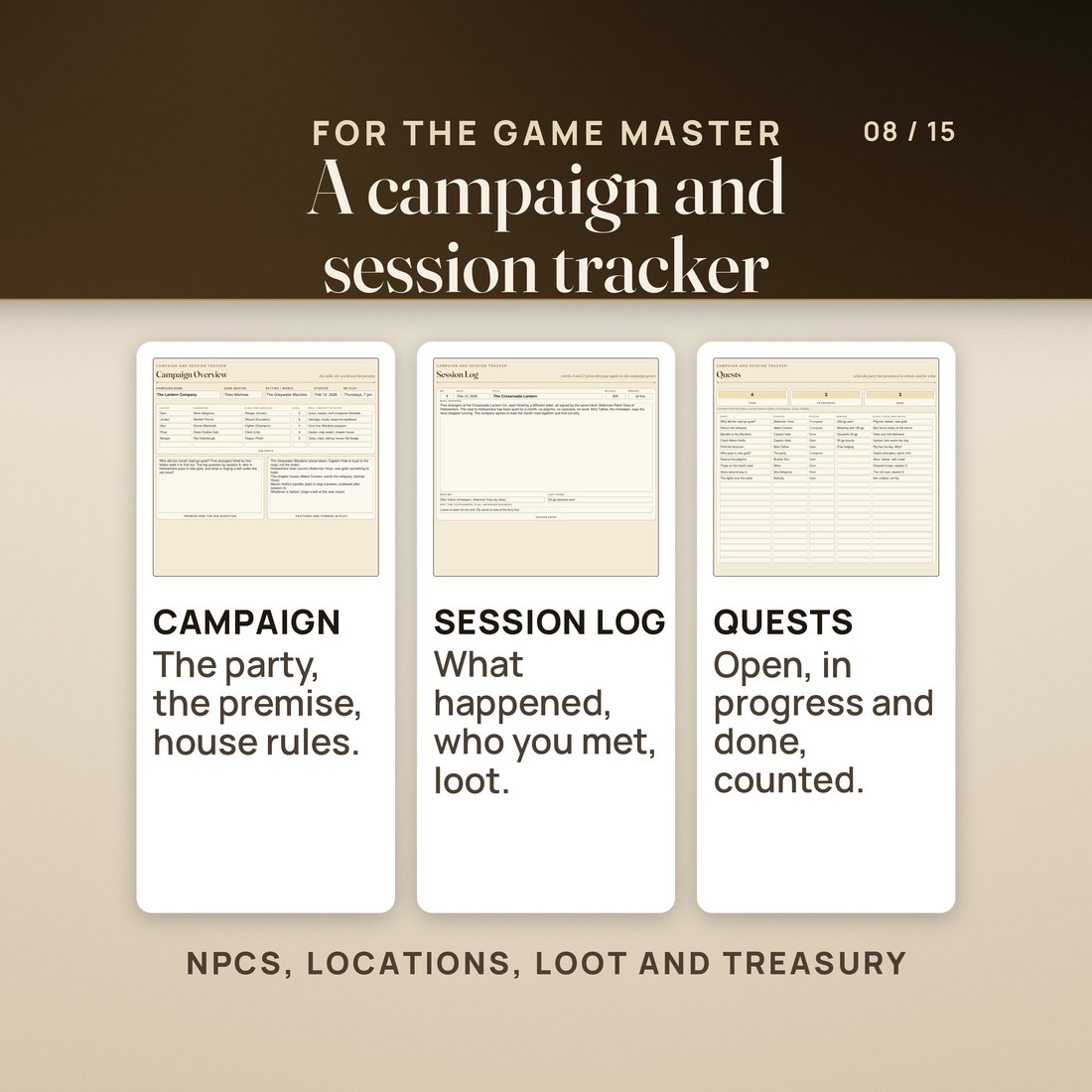 Three pages of the Campaign and Session Tracker, filled in for a sample campaign: the campaign overview with the party and the premise, a session log entry, and the quest list with open, in progress and done counted.