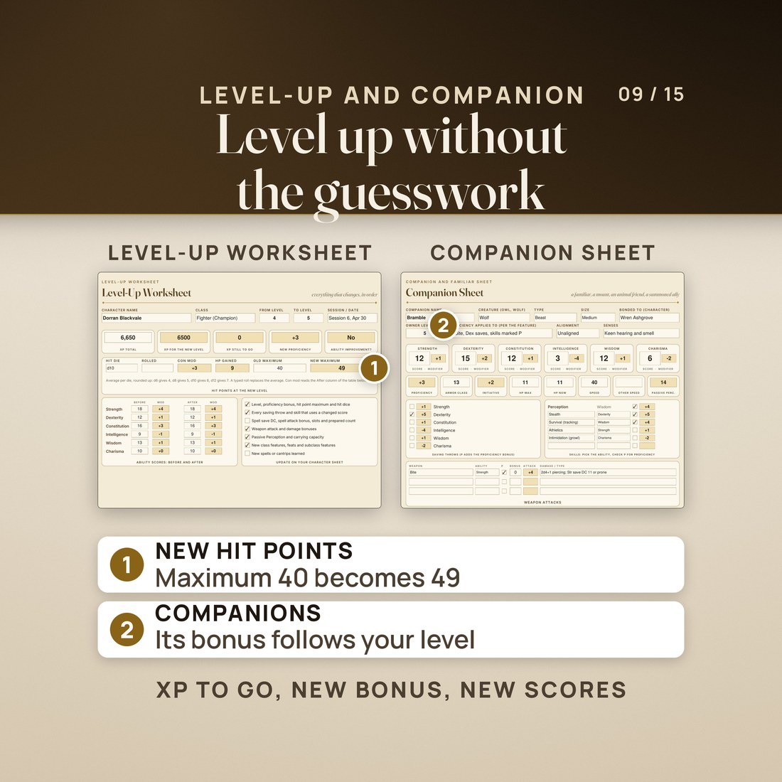The Level-Up worksheet for a fighter going from level 4 to 5, where the new hit point maximum works out to 49 from 40, beside the Companion sheet for a wolf whose proficiency bonus follows its owner's level.