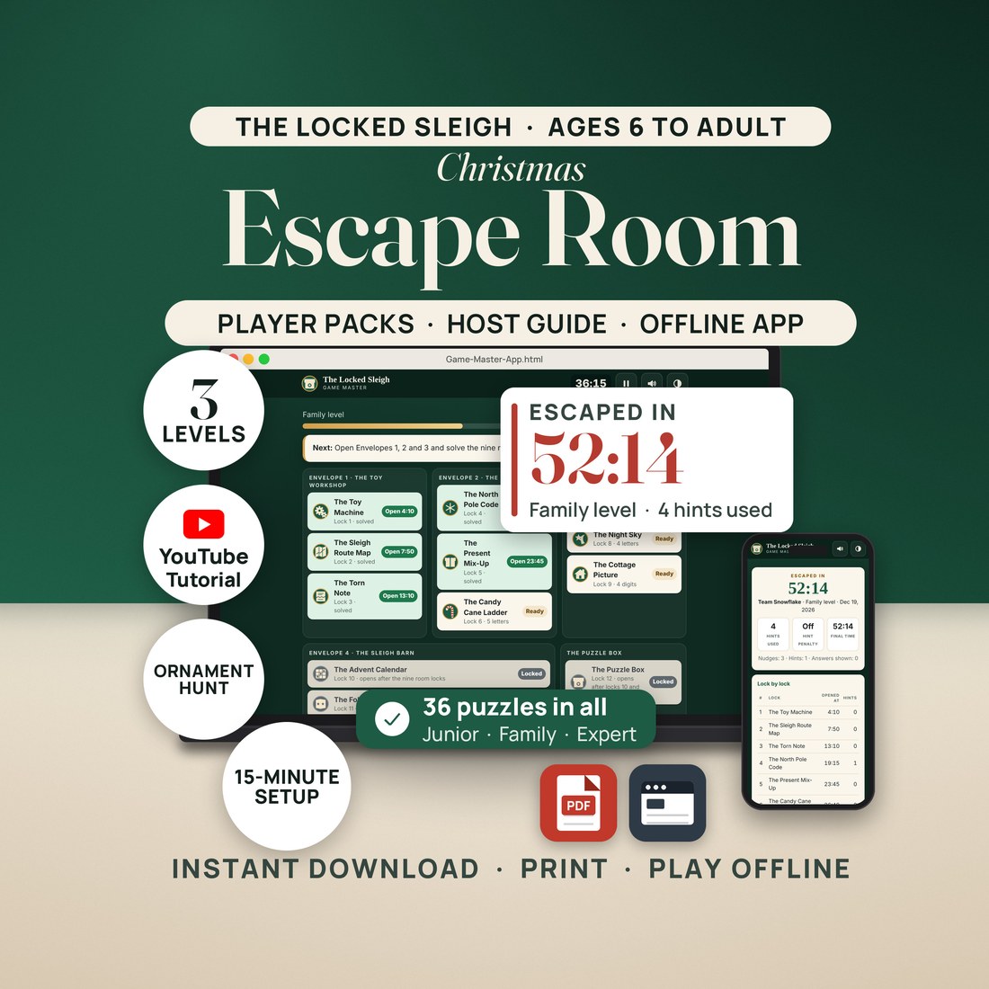 Christmas Escape Room, The Locked Sleigh: the Game Master app's map on a laptop and a phone showing Escaped in 52:14 with 4 hints. 3 levels, ages 6 to adult, 36 puzzles, an ornament hunt, 15-minute setup and a YouTube tutorial.