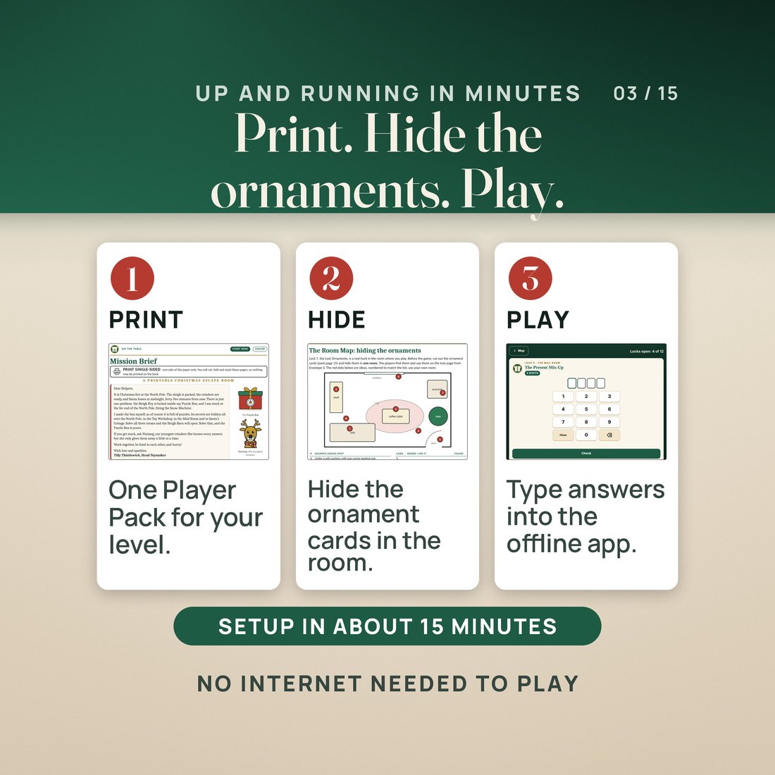 How it works in three steps: print one Player Pack for your level, hide the ornament cards in the room with the Room Map, then type answers into the offline Game Master app. Setup in about 15 minutes, no internet needed to play.