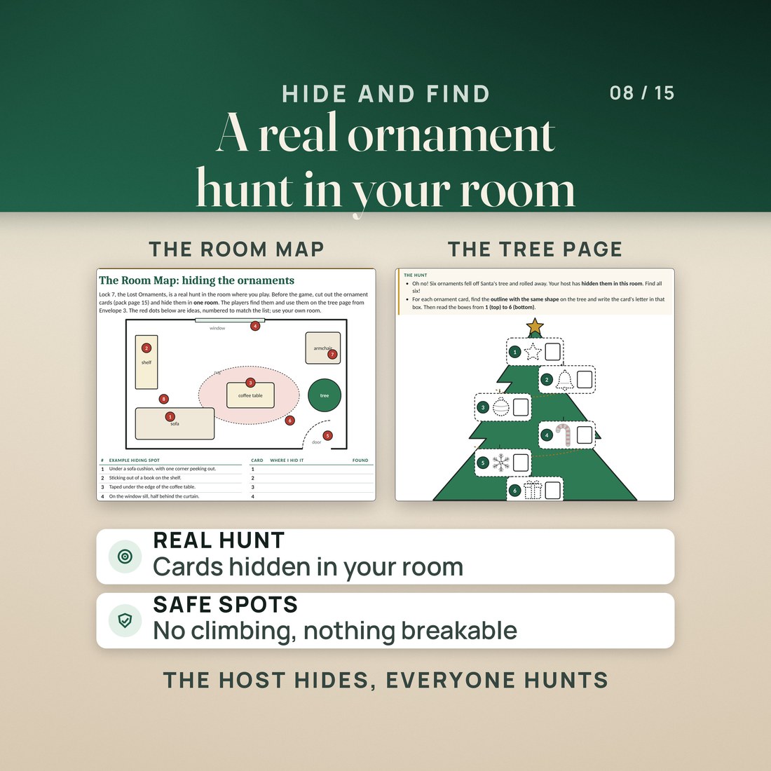 A real ornament hunt in your room: the Host Guide's Room Map for hiding the ornament cards in safe spots (no climbing, nothing breakable) beside the Junior tree page with its six ornament outlines.