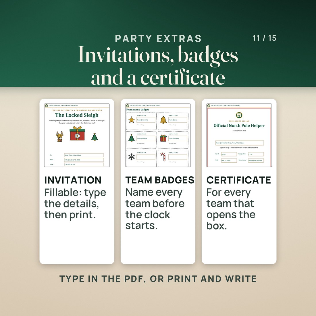 Party Extras: a fillable invitation, team badges to name every team before the clock starts, and a North Pole Helper certificate for every team that opens the box. Type in the PDF, or print and write.
