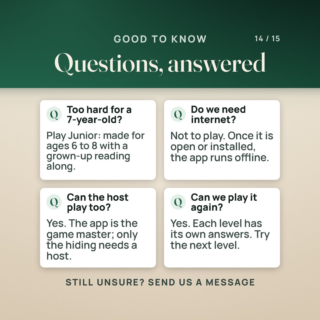 Questions answered: Junior suits a 7-year-old with a grown-up reading along, no internet is needed to play, the host can play too, and each level has its own answers, so you can play again at the next level.