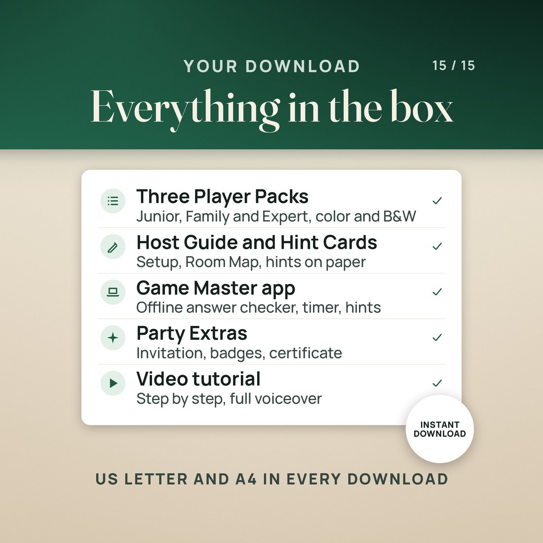 What you get: three Player Packs (Junior, Family, Expert) in color and B&W, the Host Guide and Hint Cards, the offline Game Master app, Party Extras and a video tutorial. US Letter and A4, instant download.