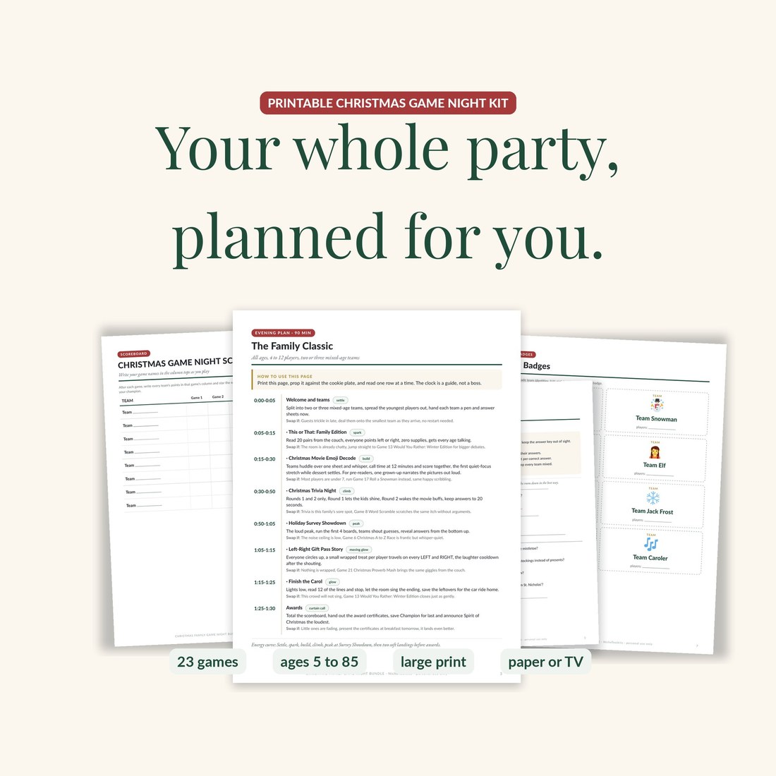 Christmas Family Game Night Bundle hero: a printed evening plan page, tournament scoreboard, team badges, and a trivia sheet fanned on a cream background with the headline Your whole Christmas party, planned for you, and badges reading 23 games, ages 5 to 85, large print, paper or TV.