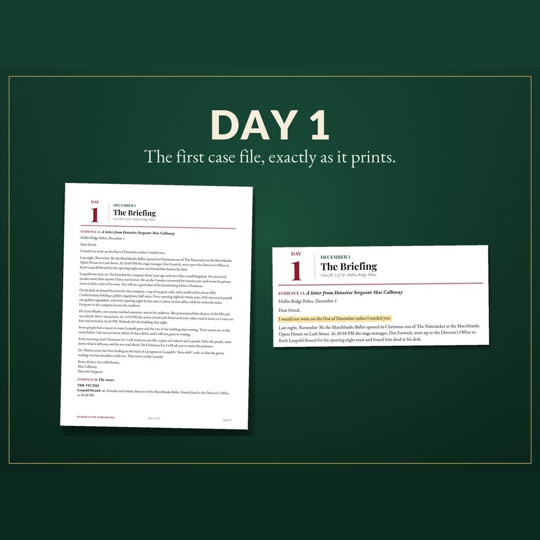 The real Day 1 case file, The Briefing: a letter from Detective Sergeant Mae Calloway, shown as a full page and enlarged so the opening lines can be read.