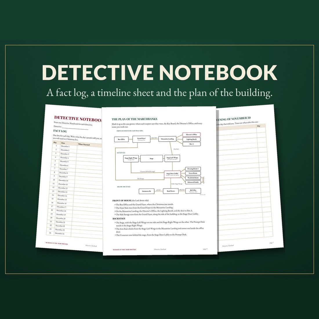 The Detective Notebook pages: a Fact Log with a line for each of the 24 days, a timeline sheet, and the plan of the Marchbanks Opera House.