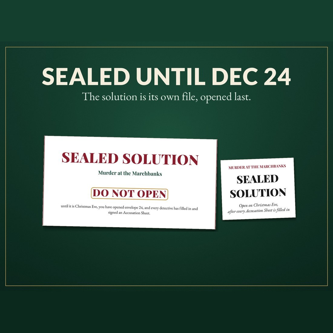 The Sealed Solution cover, DO NOT OPEN until Christmas Eve, ringed, beside its printable envelope label.