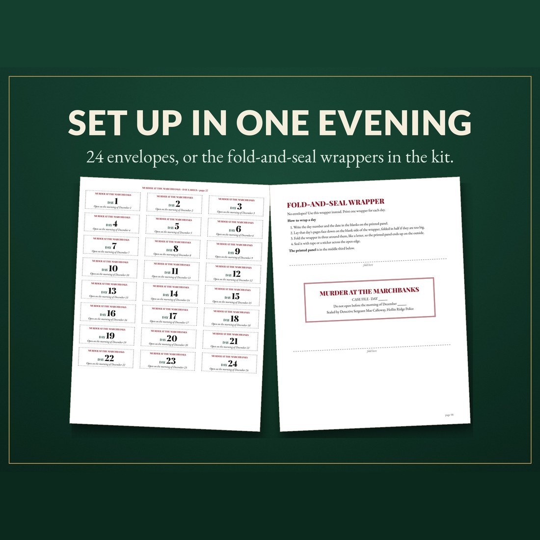 The day-label sheet with all 24 labels and the fold-and-seal wrapper page, for envelopes or for plain paper.
