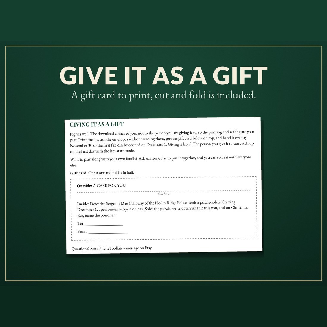 The gift page of Start Here, with a printable gift card that reads A Case for You on the outside.