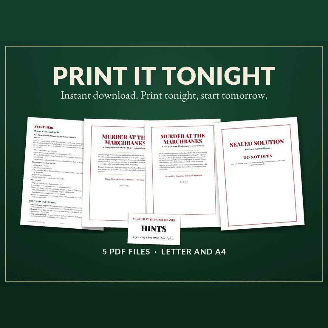 The first pages of the download: Start Here, the Letter kit, the A4 kit and the Sealed Solution cover, with the Hints envelope label.