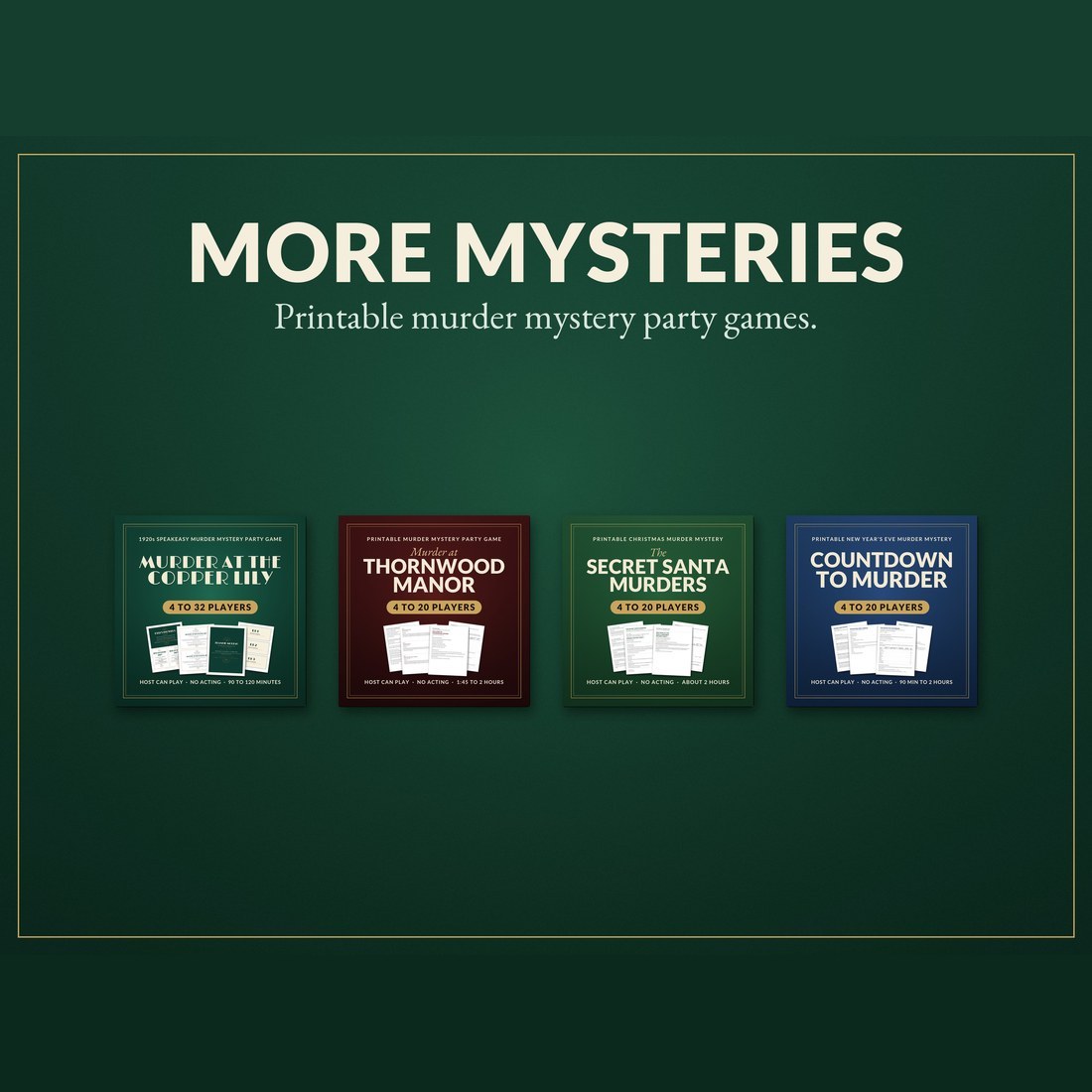 Four more printable murder mystery games from NicheToolkits, each shown by its own cover image.