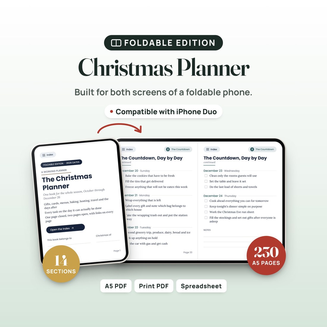 Christmas Planner, Foldable Edition: a foldable phone closed on the cover page and open on two Countdown pages for December 20 to 24. 230 A5 pages in 14 sections, with an A5 PDF, the print PDF and a spreadsheet.