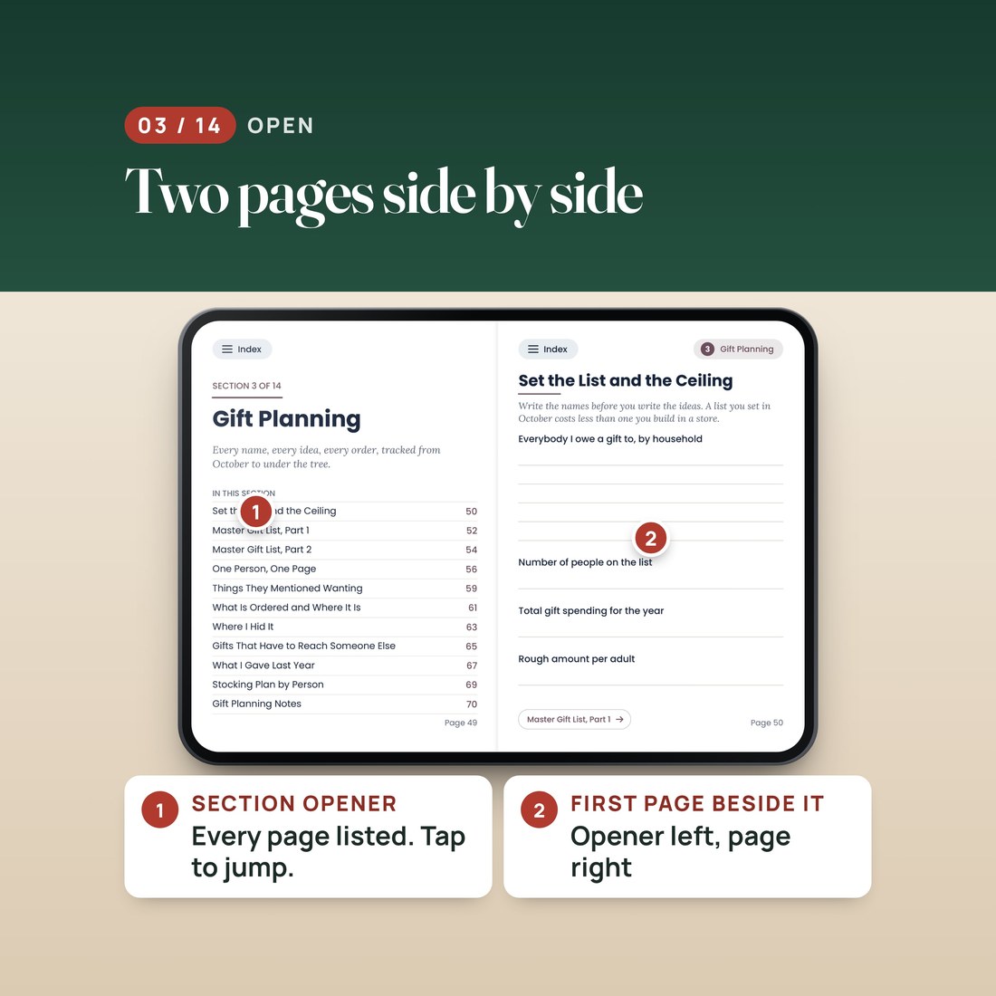Open screen: two pages side by side. The Gift Planning opener lists every page in the section, with its first page, Set the List and the Ceiling, beside it.