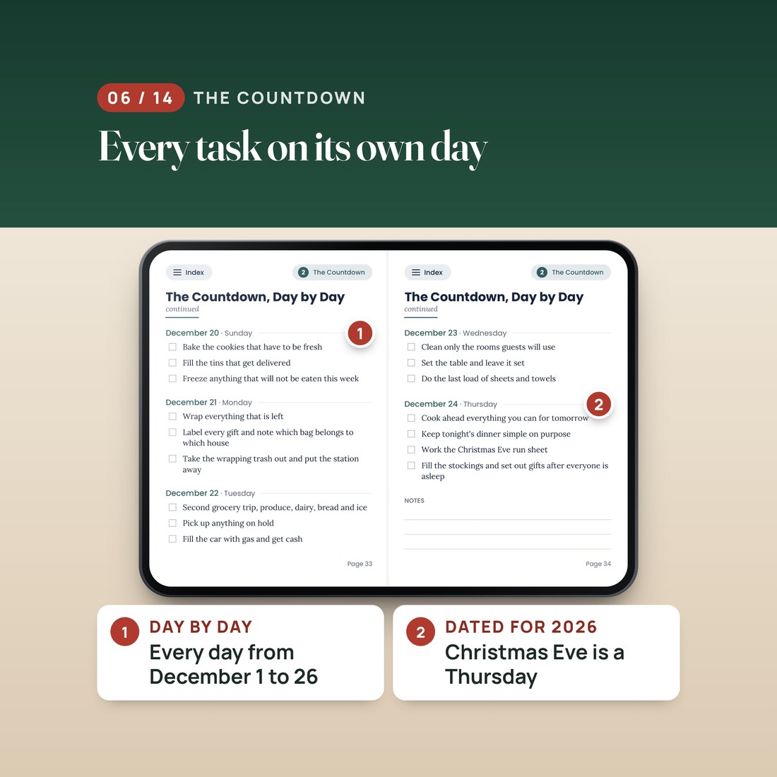 The Countdown on the open screen: December 20 to 24, 2026, each day with its weekday and tasks to tick, Christmas Eve on Thursday, and lines for notes.