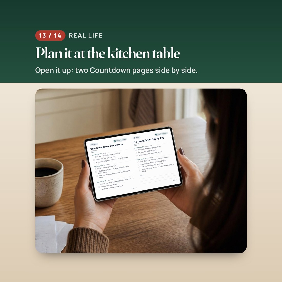 A person at a kitchen table holding an open foldable phone that shows two Countdown pages of the planner. AI-generated scene; the pages on the screen are real renders of this product.