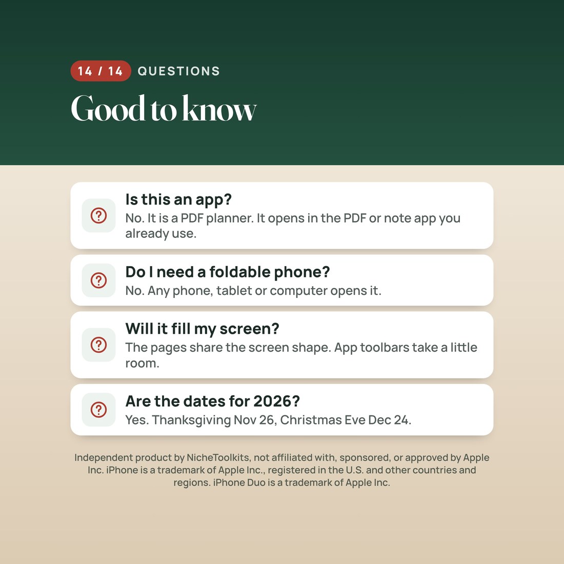 Questions: it is a PDF planner, not an app; any phone, tablet or computer opens it; the pages share the screen shape and app toolbars take a little room; the dates are for 2026.
