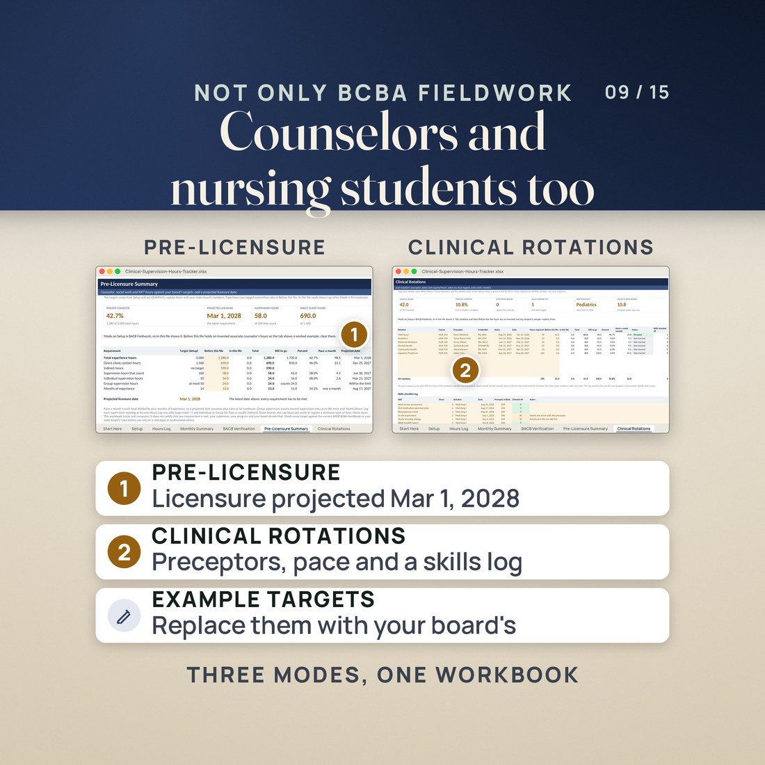 Two more modes in the same workbook: Pre-Licensure Summary with invented counselor hours, 1,280 of 3,000, and Clinical Rotations with an invented nursing student, 42.0 of 390 clinical hours, with preceptors and a skills checklist.