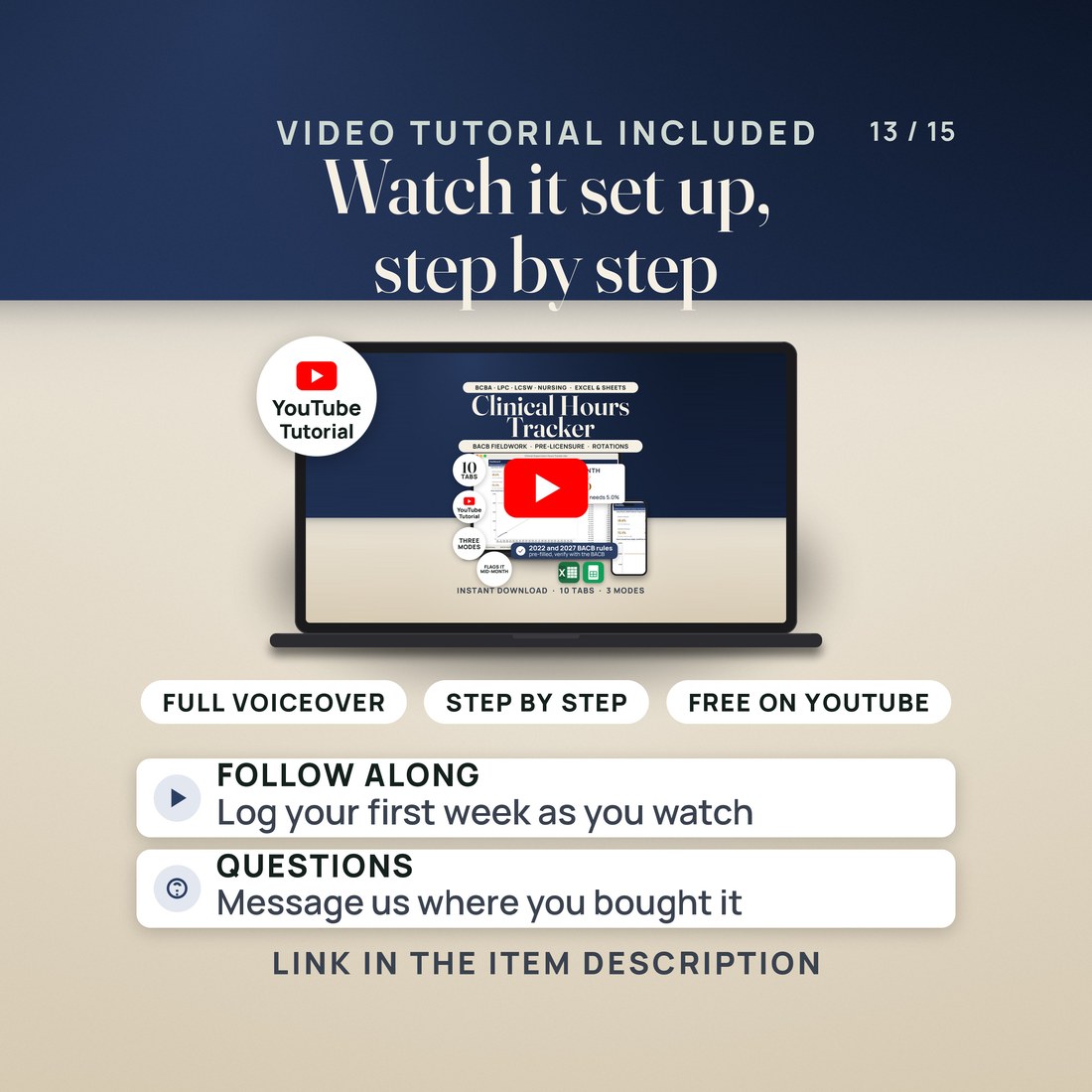 Video tutorial included. A laptop shows the YouTube tutorial, whose thumbnail is this listing's hero image, with a play button. Pills read full voiceover, step by step and free on YouTube.