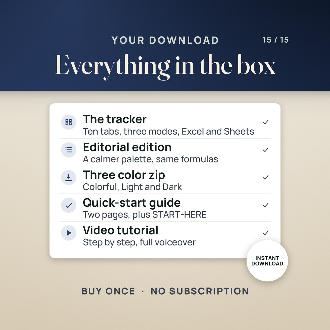 Everything in the download: the ten-tab tracker for Excel and Sheets, an Editorial edition, a three-color zip with the Colorful, Light and Dark editions, a two-page quick-start guide and the video tutorial. A seal reads instant download.