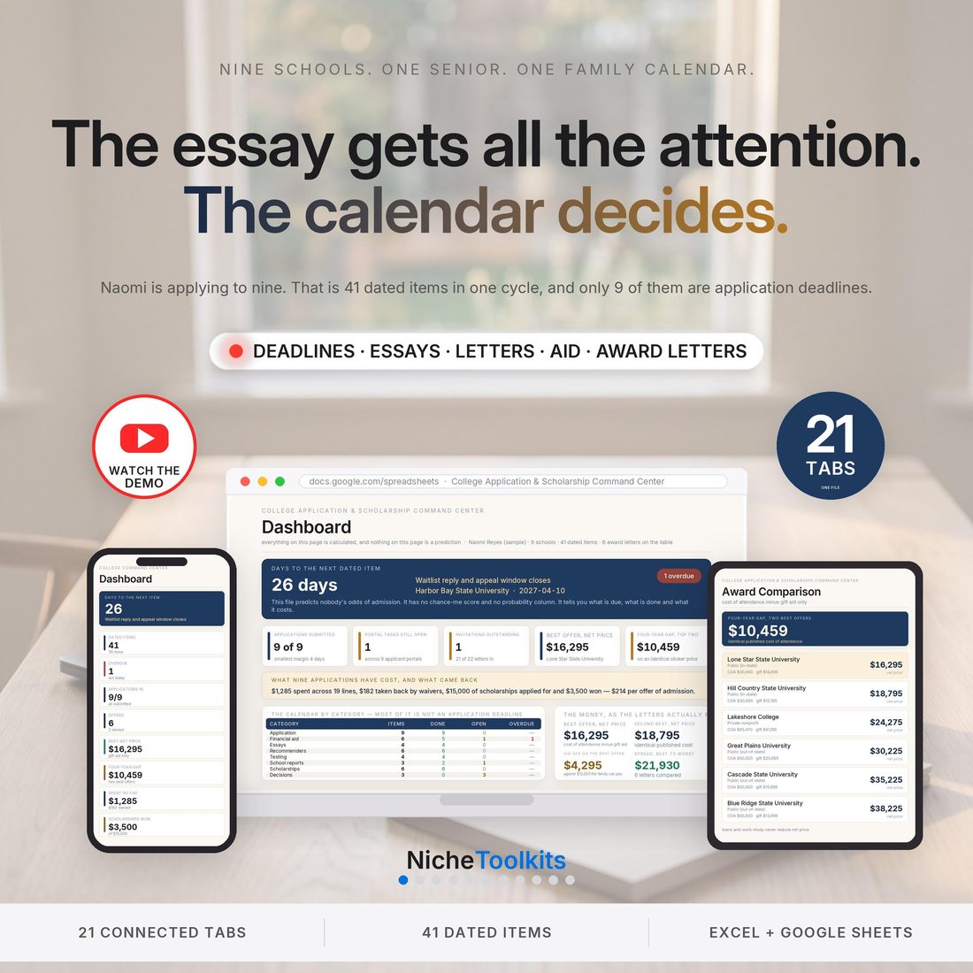 College Application and Scholarship Command Center — every deadline, portal task, essay and award letter for nine schools in one file.