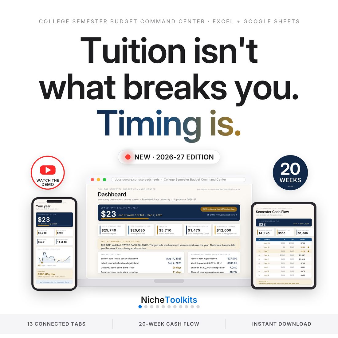 College Semester Budget Command Center — tuition has a due date, so does your refund, and this file dates the gap between them.