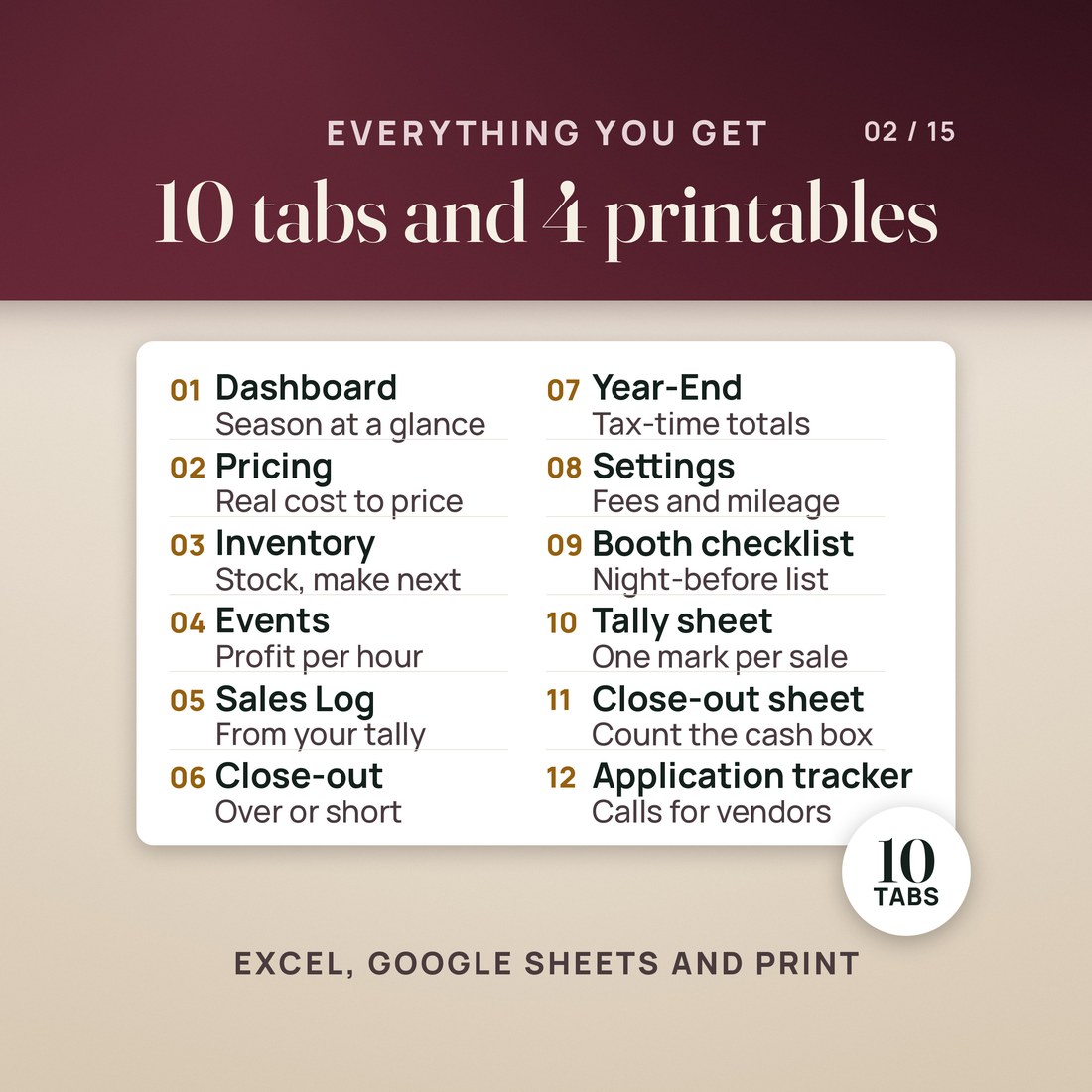 The 10-tab workbook and 4 printables: Dashboard, Pricing, Inventory, Events, Sales Log, Close-out, Year-End, Settings, a booth checklist, tally sheet, close-out sheet and application tracker.