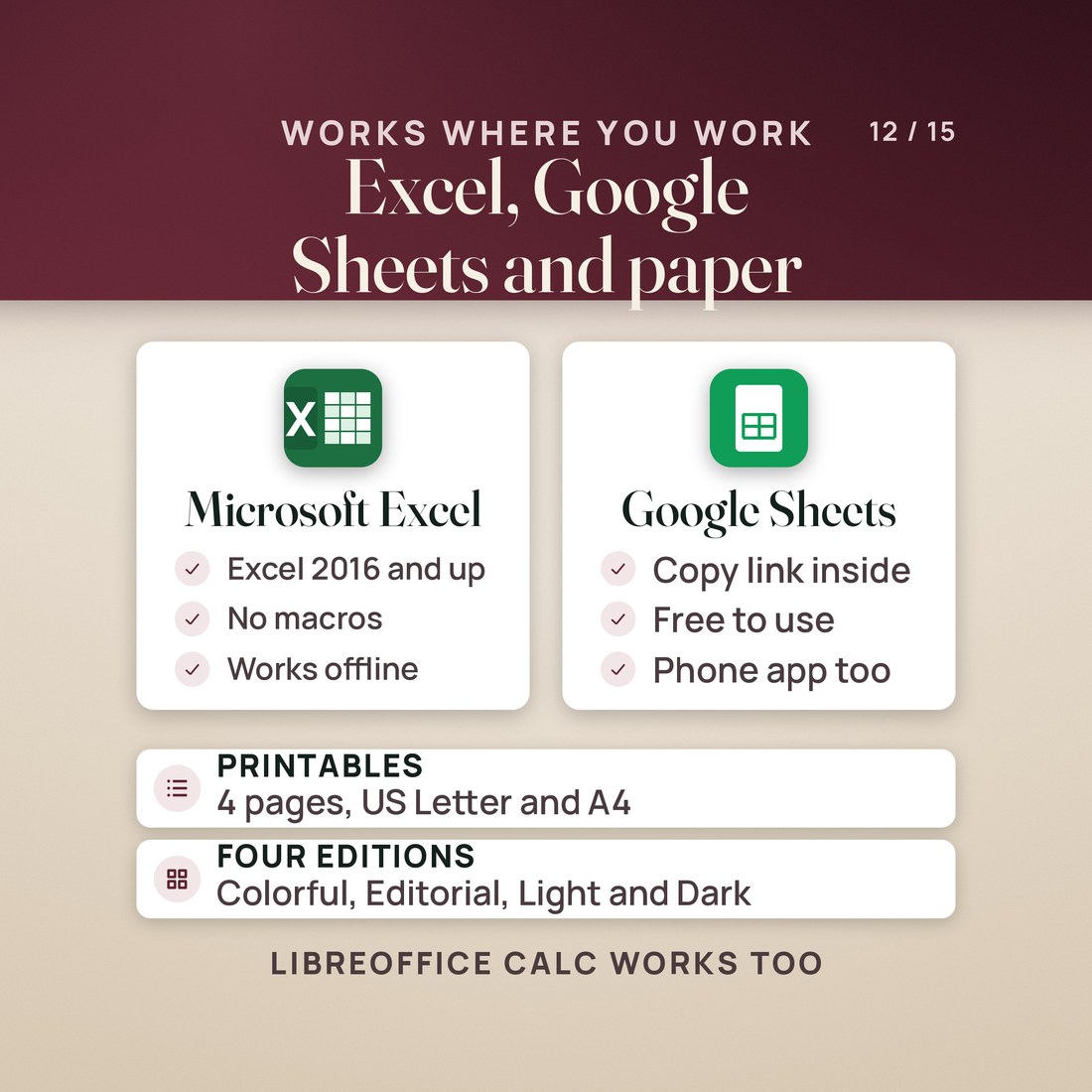 Works in Microsoft Excel 2016 and up with no macros, and in Google Sheets with a copy link included. Four printables and four color editions: Colorful, Editorial, Light and Dark.