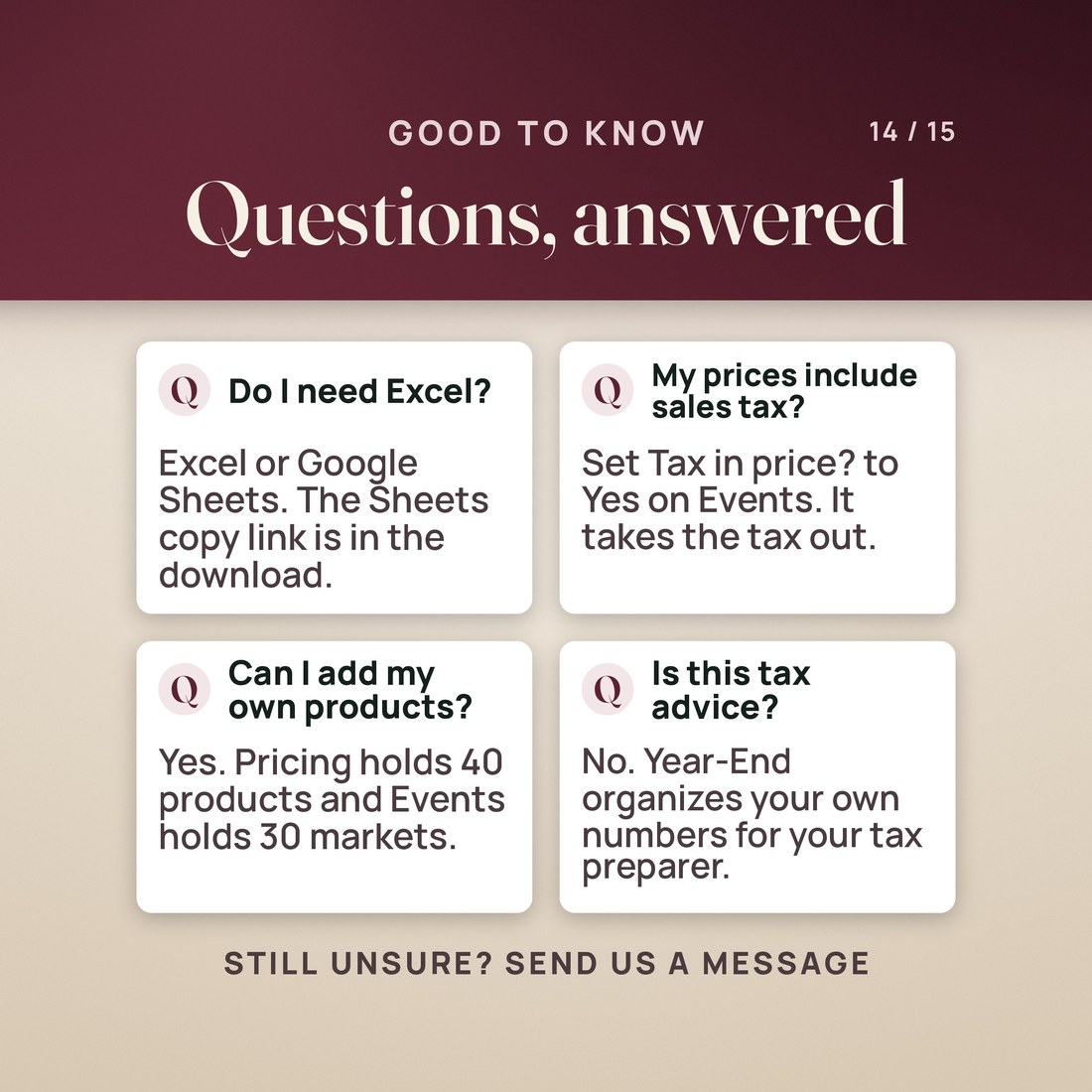 Questions answered: Excel or Google Sheets, prices that include sales tax, room for 40 products and 30 markets, and Year-End totals that are not tax advice.