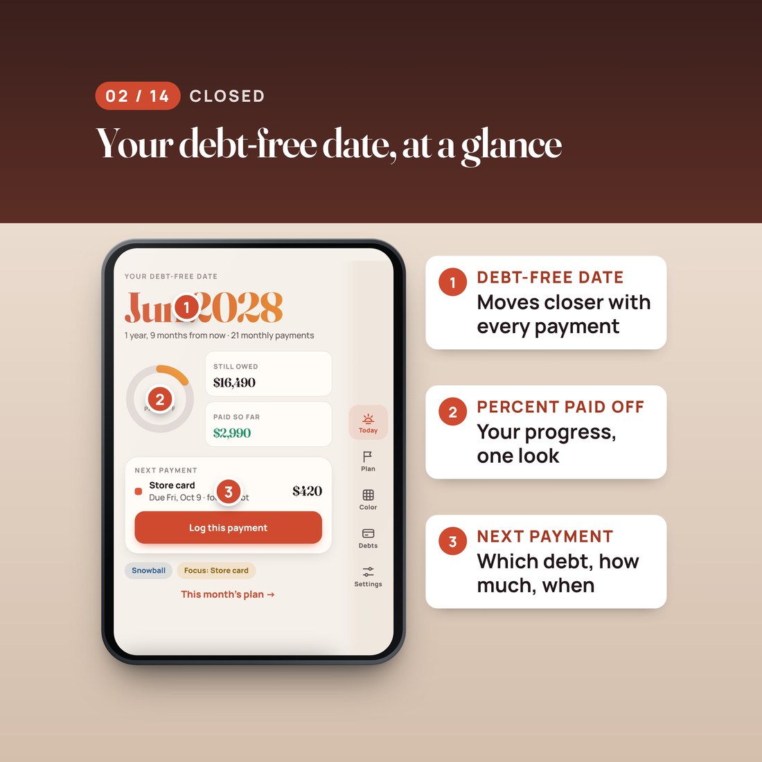Closed screen: your debt-free date, which moves closer with every payment, the percent paid off, and your next payment: which debt, how much and when.