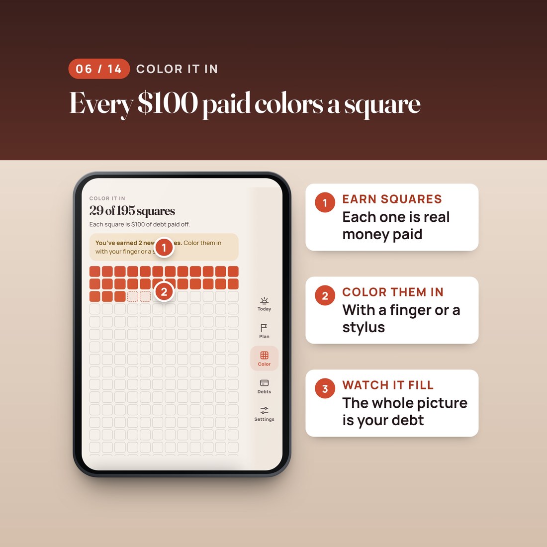 Every $100 paid colors a square: earn squares with real money paid, color them in with a finger or a stylus, and watch the picture fill.